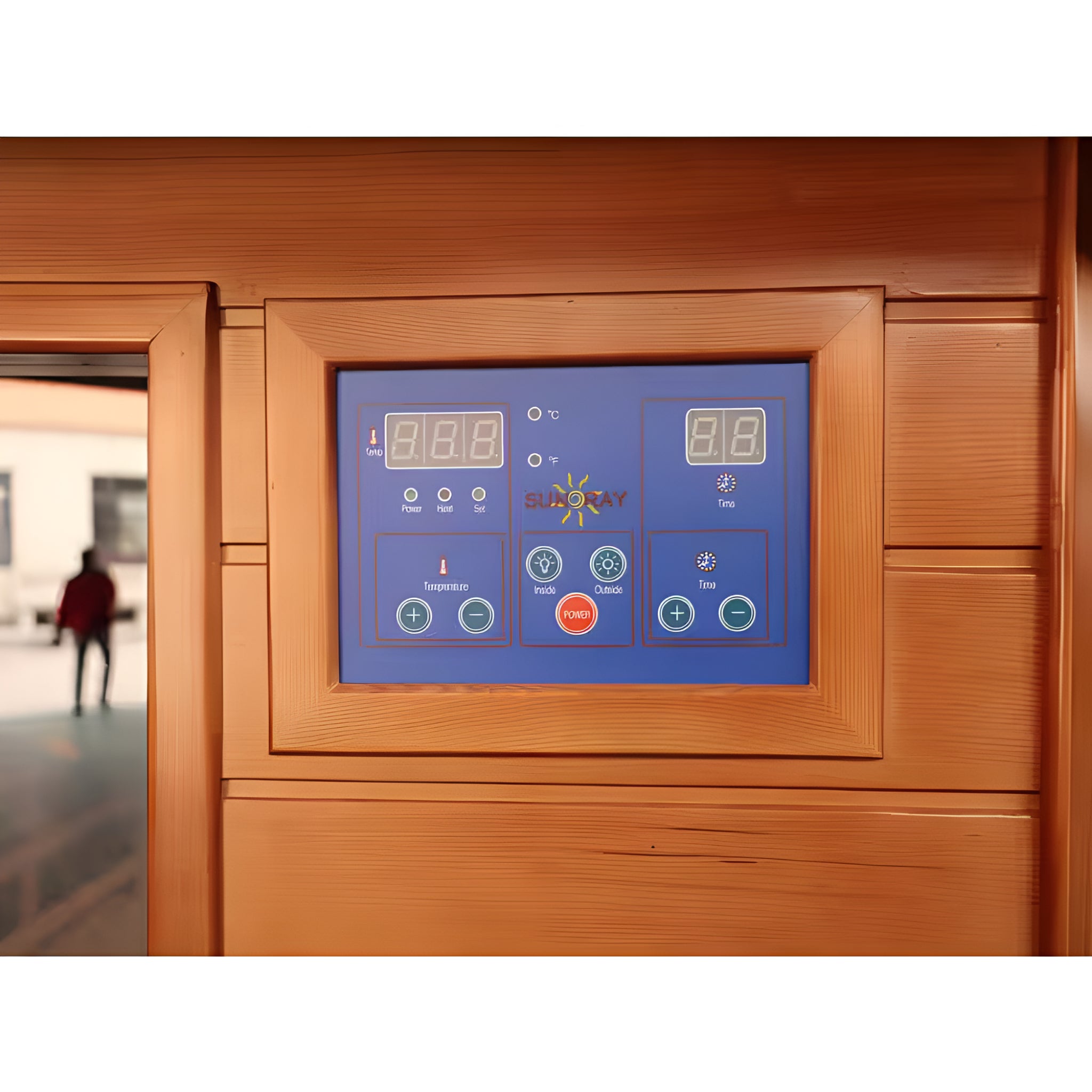 Digital display on a wooden sauna door