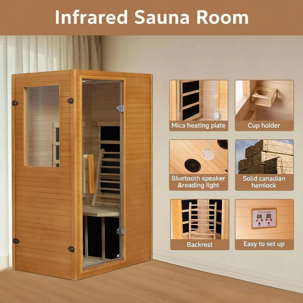 Infrared Sauna Home Sauna, Indoor Far Infrared Saunas for Home, 1 Person Canadian Hemlock Wooden Spa Room, 950W, Customized