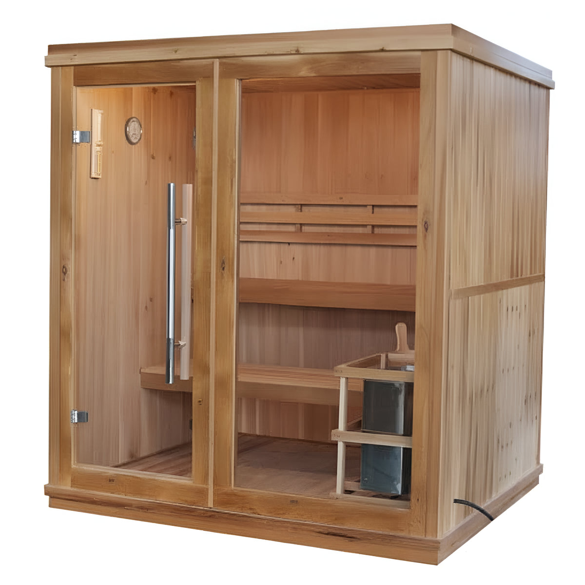 Wooden sauna with glass doors on a white background
