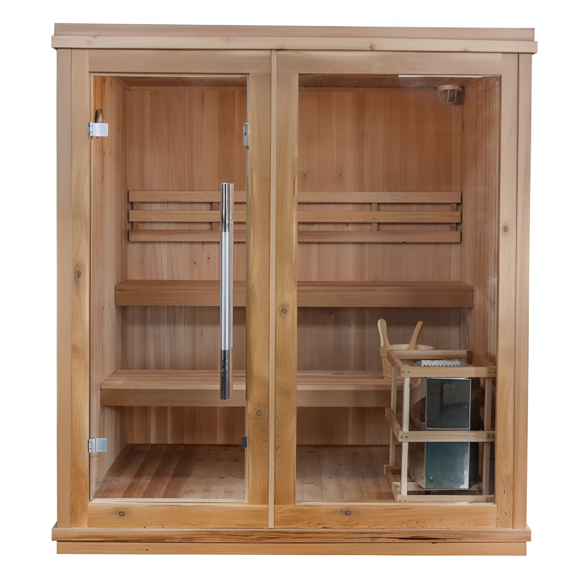 Wooden sauna with glass doors on a white background