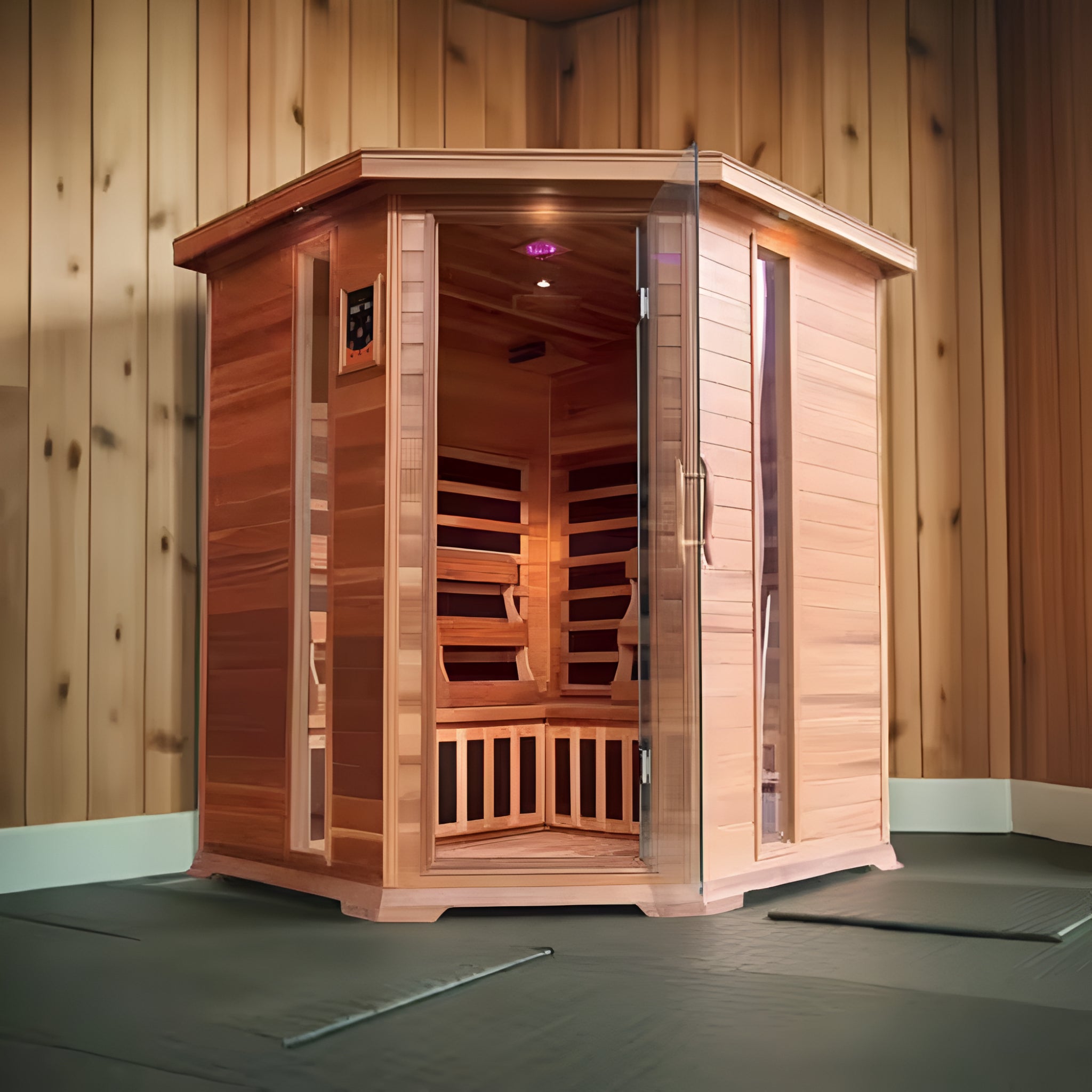 Wooden infrared sauna in a room with wooden walls.
