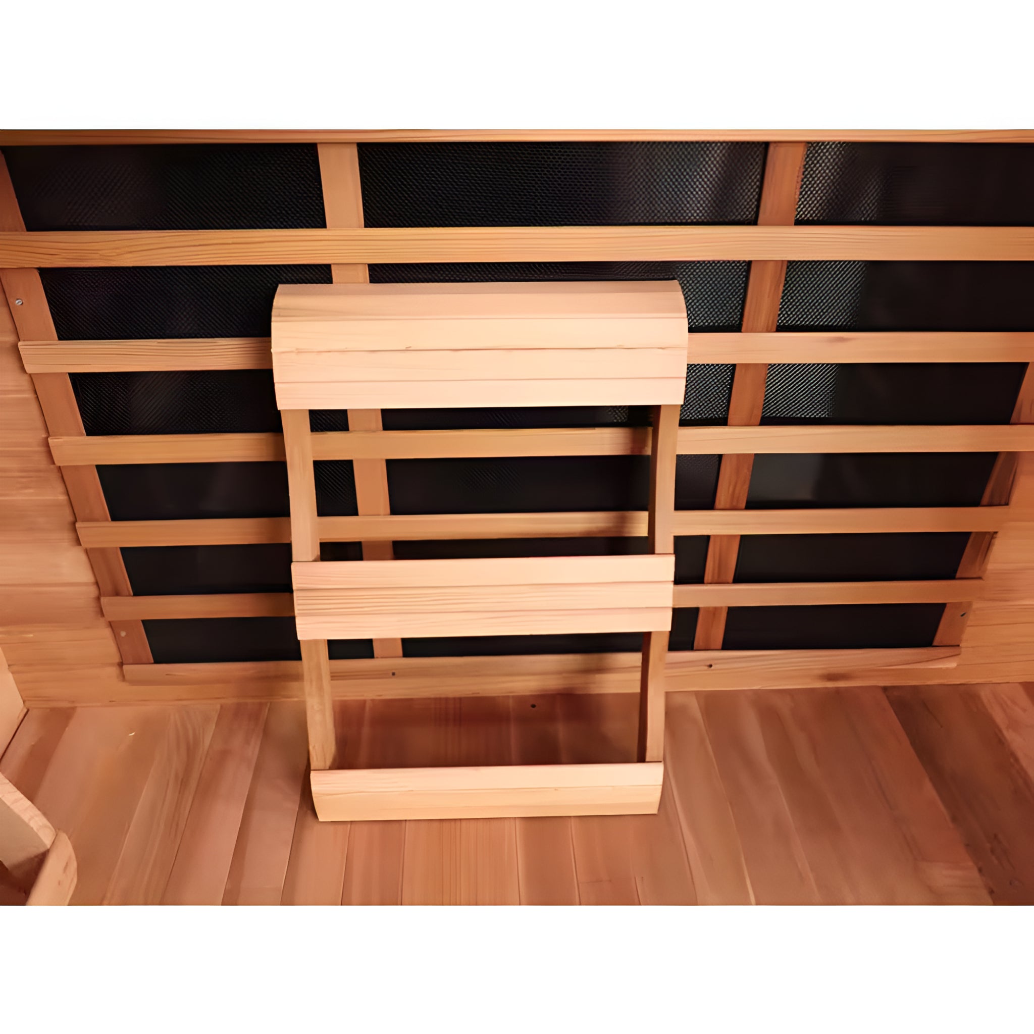 Wooden sauna with bench and glass walls
