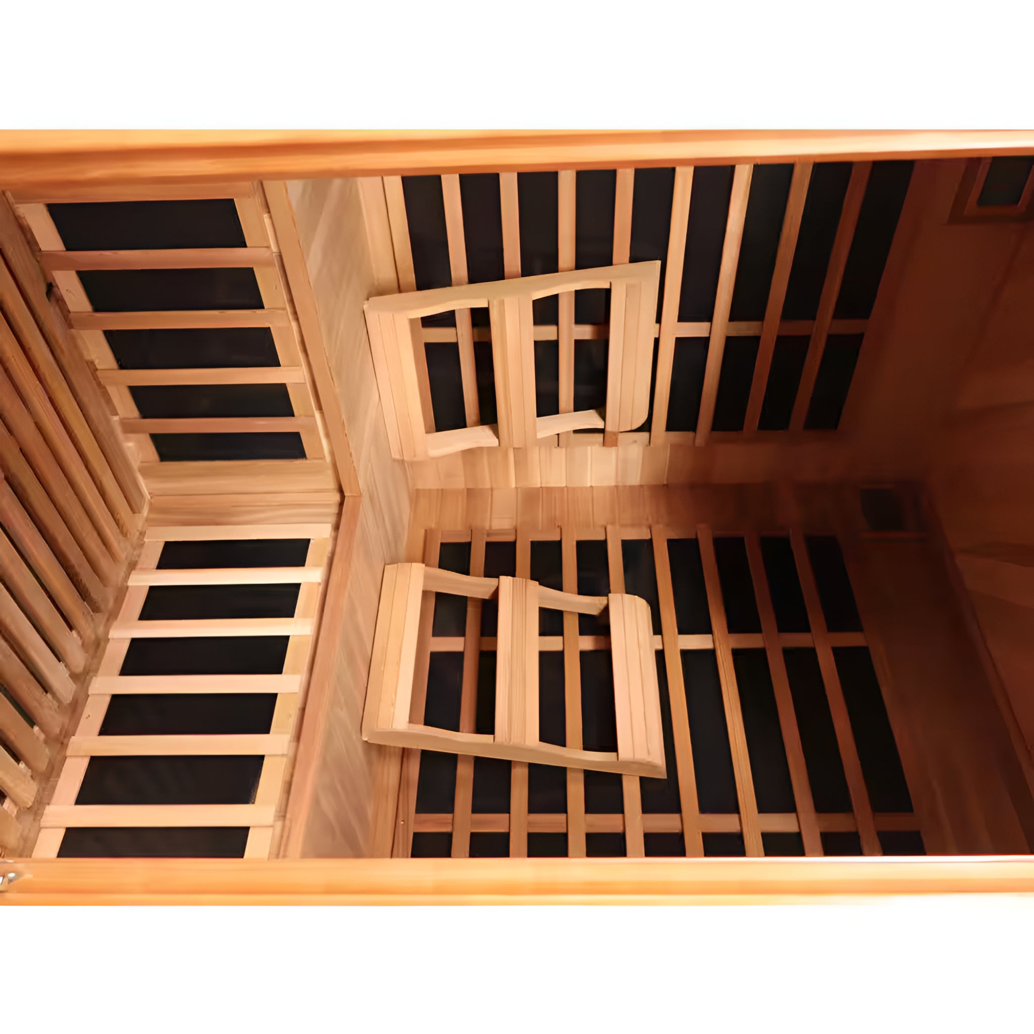 Wooden sauna with two back rests inside